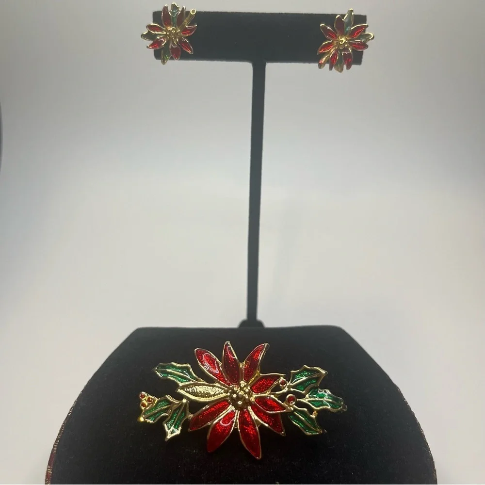 Vintage Festive Red and Green Poinsettia earrings and brooch.
